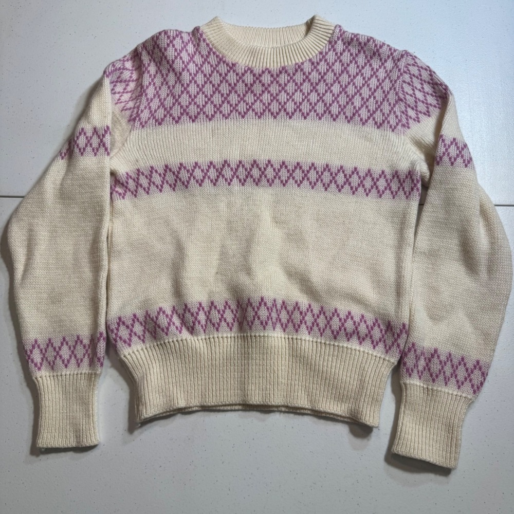Vtg Wool Blend Lido Small Fair Isle Sweater Cream Pink USA Coquette Romantic EUC